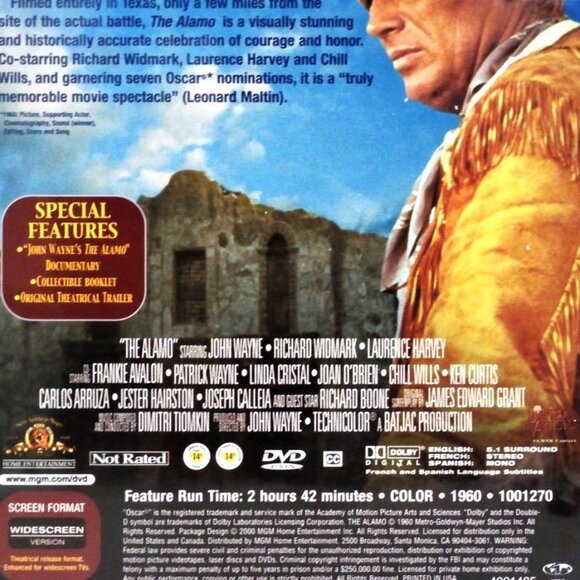 THE ALAMO DVD 1960 Widescreen, John Wayne, Richard Widmark, Laurence Harvey - Picture 4 of 5